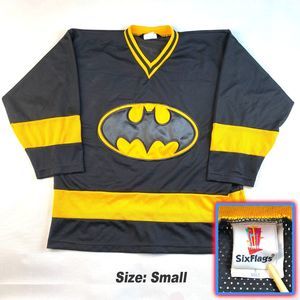 VTG 2000 BATMAN "6 FLAGS" MESH JERSEY! Y2K Black Yellow Long Sleeve Sz Adult S